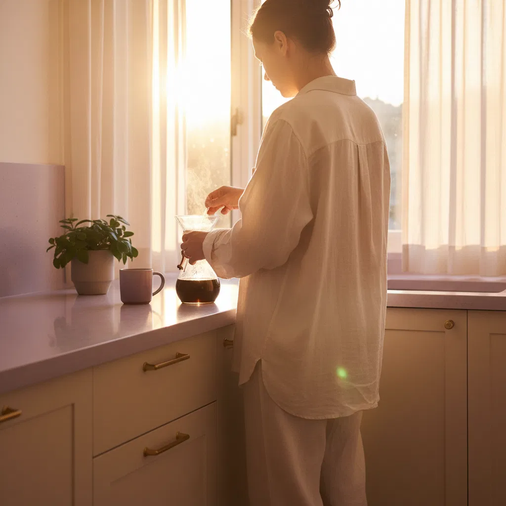 Person bereitet Kaffee in der Küche vor - Kaffee Supplement ohne Diät Alltag Routine